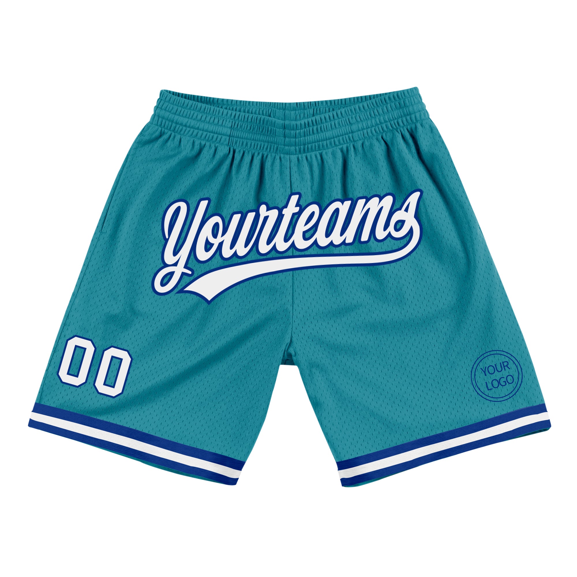 Custom Name Number Authentic Throwback Basketball Shorts Teal White-Royal Personalized Team Gear Personalized Teal White-Royal
