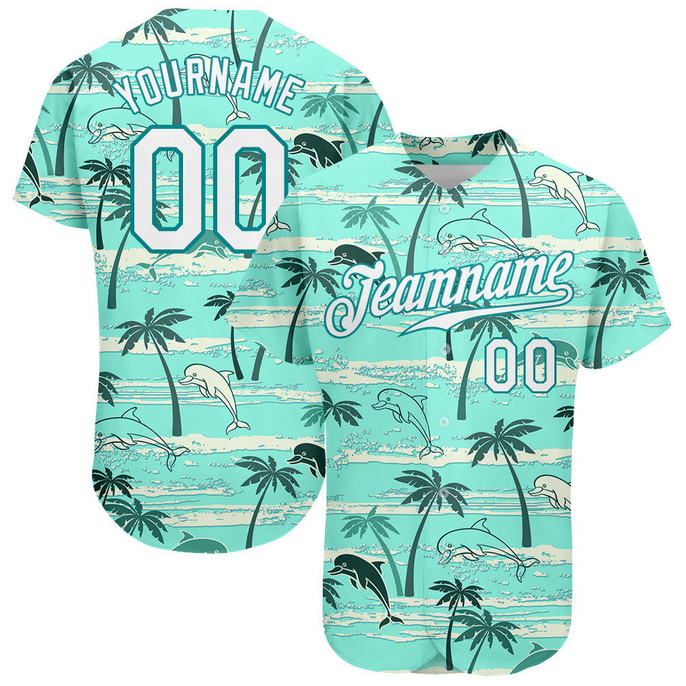 Custom Name and Number Hawaii Palm Trees Baseball Jersey - Personalized Teal White 3D Pattern Design Personalized Teal White-Teal