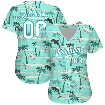 Custom Name and Number Hawaii Palm Trees Baseball Jersey - Personalized Teal White 3D Pattern Design Personalized Teal White-Teal