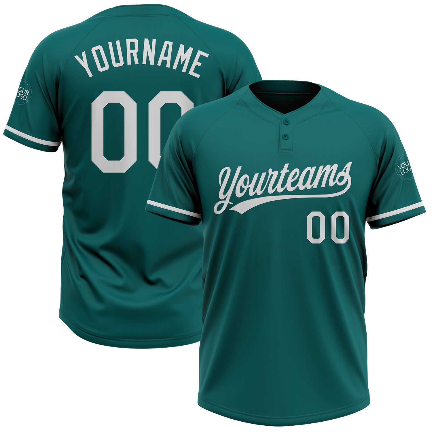 Custom Teal and White Unisex Softball Jersey - Personalized Two-Button Style Personalized Teal White Two-Button Unisex Softball