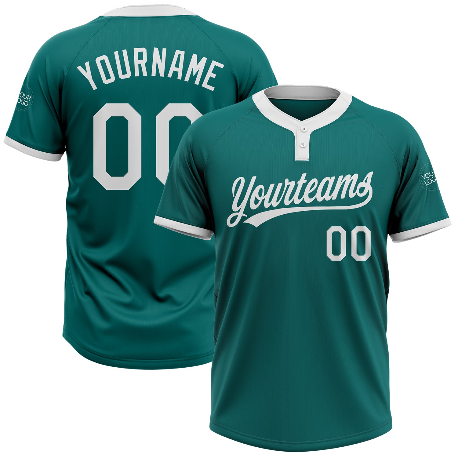 Custom Team Name & Number Unisex Softball Jersey - Personalized Teal & White Two-Button Design Personalized Teal White Two-Button