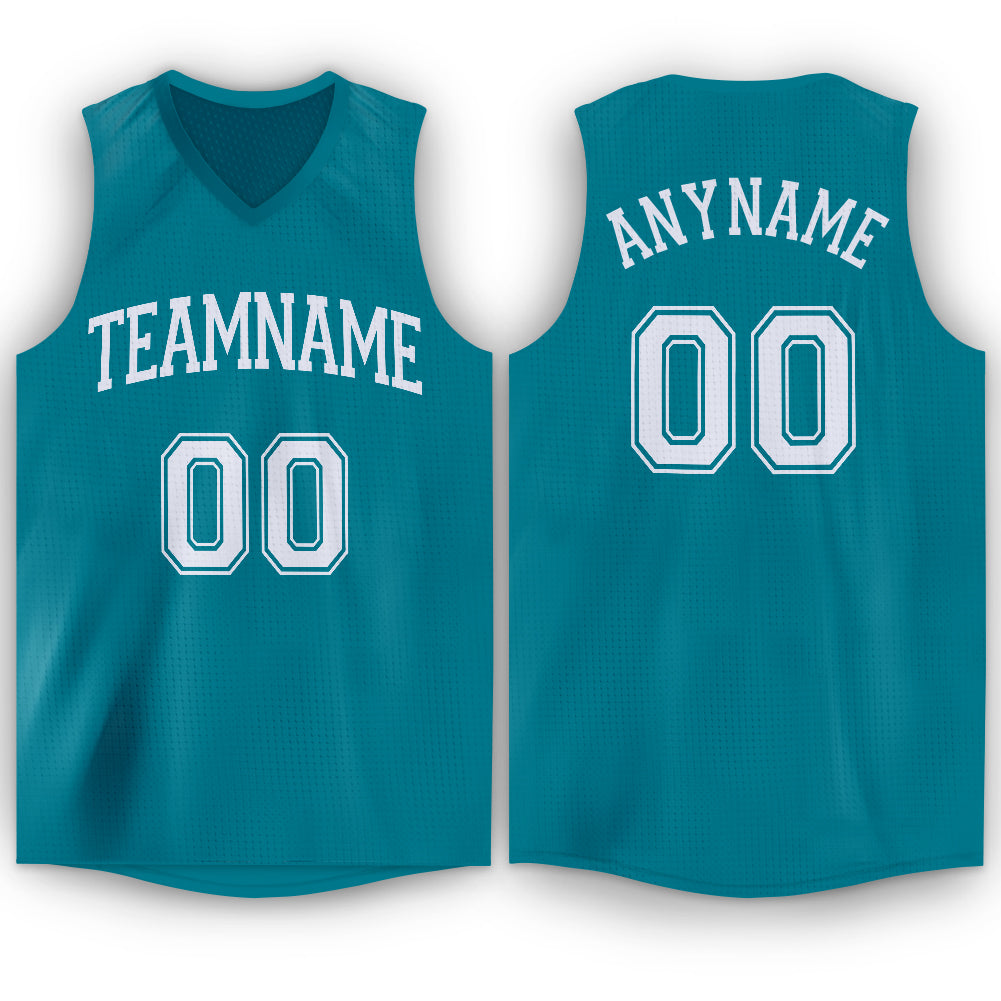Custom Name and Number Basketball Jersey - Personalized Teal White V-Neck Design Personalized Teal White V-Neck Basketball