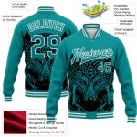 Customizable Teal and White Wolf Head 3D Pattern Varsity Letterman Bomber Jacket with Name and Number Personalized Teal White