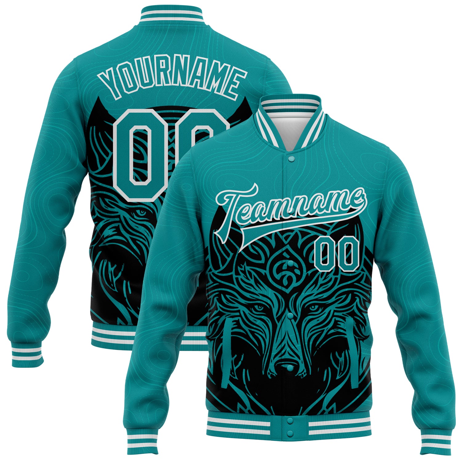 Customizable Teal and White Wolf Head 3D Pattern Varsity Letterman Bomber Jacket with Name and Number Personalized Teal White