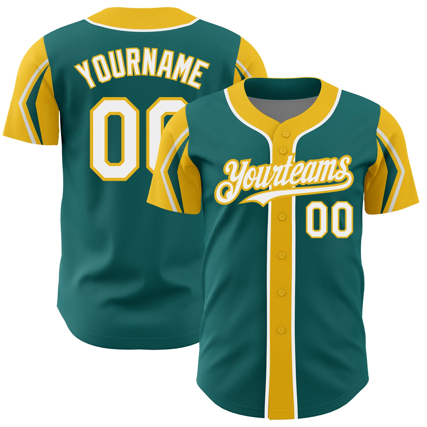 Personalized Authentic Baseball Jersey with Custom Name and Number, Teal, White, Yellow Arm Shapes, Team Colors Personalized