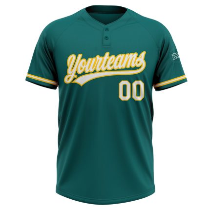 Customizable Teal White-Yellow Unisex Softball Jersey with Custom Name and Number - Two-Button Design Personalized Teal White-Yellow