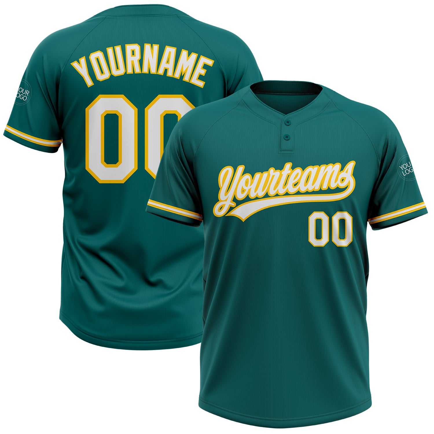 Customizable Teal White-Yellow Unisex Softball Jersey with Custom Name and Number - Two-Button Design Personalized Teal White-Yellow