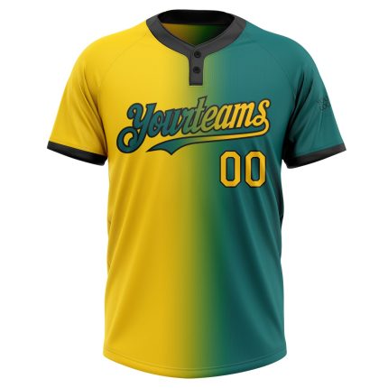 Custom Teal Yellow Black Gradient Softball Jersey with Personalized Name and Number - Unisex Two-Button Fashion Team Wear