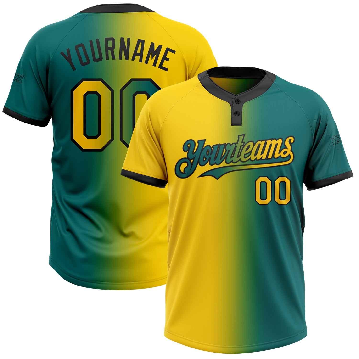 Custom Teal Yellow Black Gradient Softball Jersey with Personalized Name and Number - Unisex Two-Button Fashion Team Wear