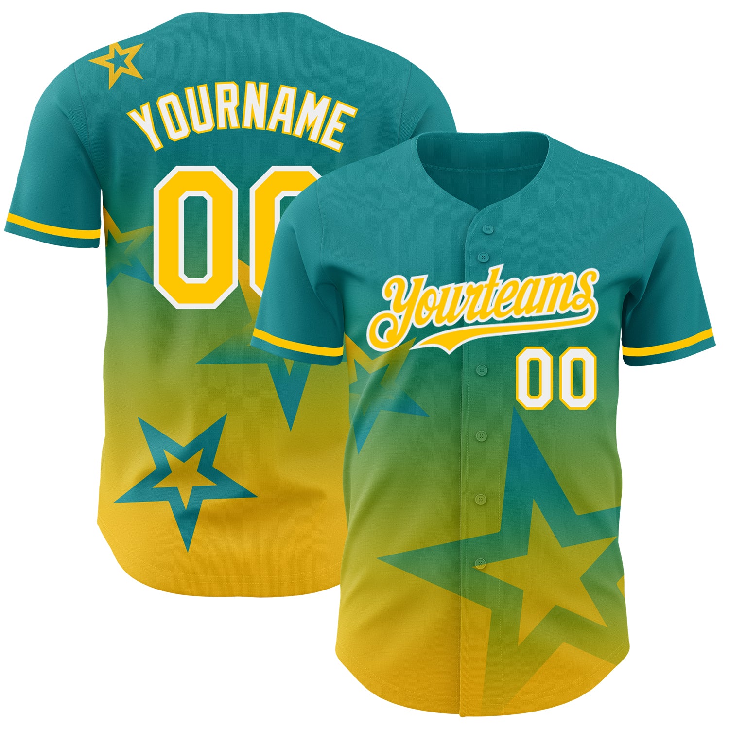 Custom Name & Number Teal Yellow White 3D Gradient Twinkle Star Baseball Jersey - Personalized Team Jersey Personalized Teal