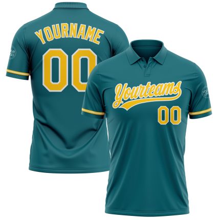 Custom Team Golf Polo Shirt with Personalized Name & Number - Teal Yellow White Performance Vapor Personalized Teal Yellow-White