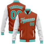 Custom Team Name Number Texas Orange White Bomber Jacket Varsity Letterman Aqua Two Tone Full-Snap Personalized Texas Orange