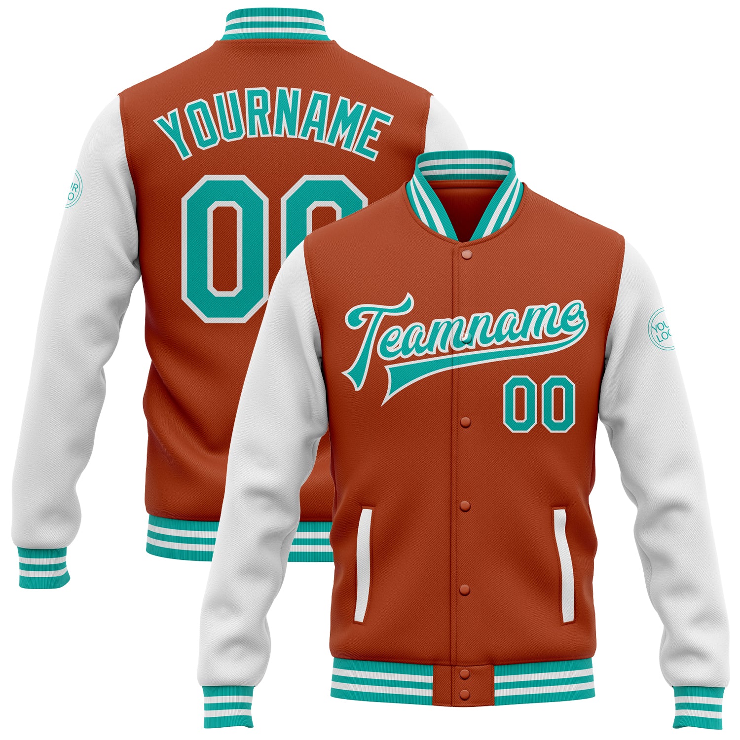 Custom Team Name Number Texas Orange White Bomber Jacket Varsity Letterman Aqua Two Tone Full-Snap Personalized Texas Orange