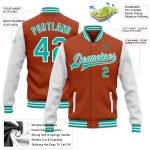 Custom Team Name Number Texas Orange White Bomber Jacket Varsity Letterman Aqua Two Tone Full-Snap Personalized Texas Orange