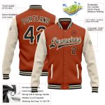 Custom Name & Number Texas Orange Black-Cream Two Tone Varsity Letterman Bomber Full-Snap Jacket Personalized Texas Orange