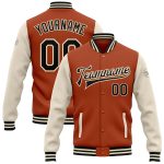 Custom Name & Number Texas Orange Black-Cream Two Tone Varsity Letterman Bomber Full-Snap Jacket Personalized Texas Orange