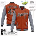 Custom Name and Number Texas Orange Black Gray Bomber Varsity Letterman Jacket - Personalized Two Tone Full-Snap Personalized