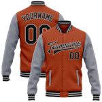 Custom Name and Number Texas Orange Black Gray Bomber Varsity Letterman Jacket - Personalized Two Tone Full-Snap Personalized