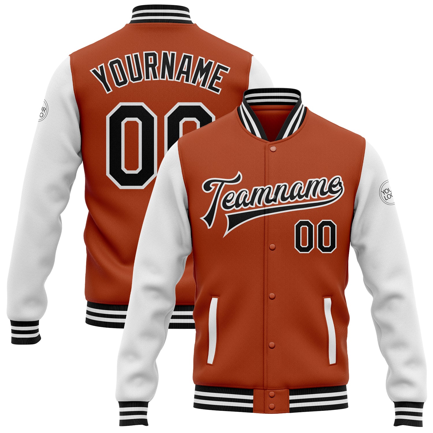 Custom Two Tone Bomber Jacket with Texas Orange and Black-White Design, Personalized Name and Number, Varsity Letterman Style