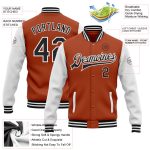 Custom Two Tone Bomber Jacket with Texas Orange and Black-White Design, Personalized Name and Number, Varsity Letterman Style