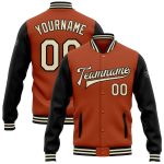 Personalized Texas Orange Cream Black Varsity Letterman Jacket with Custom Name and Number - Full-Snap Bomber Style Personalized