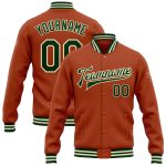 Custom Team Name and Number Varsity Letterman Jacket - Personalized Texas Orange Green-Cream Bomber Full-Snap Jacket Personalized