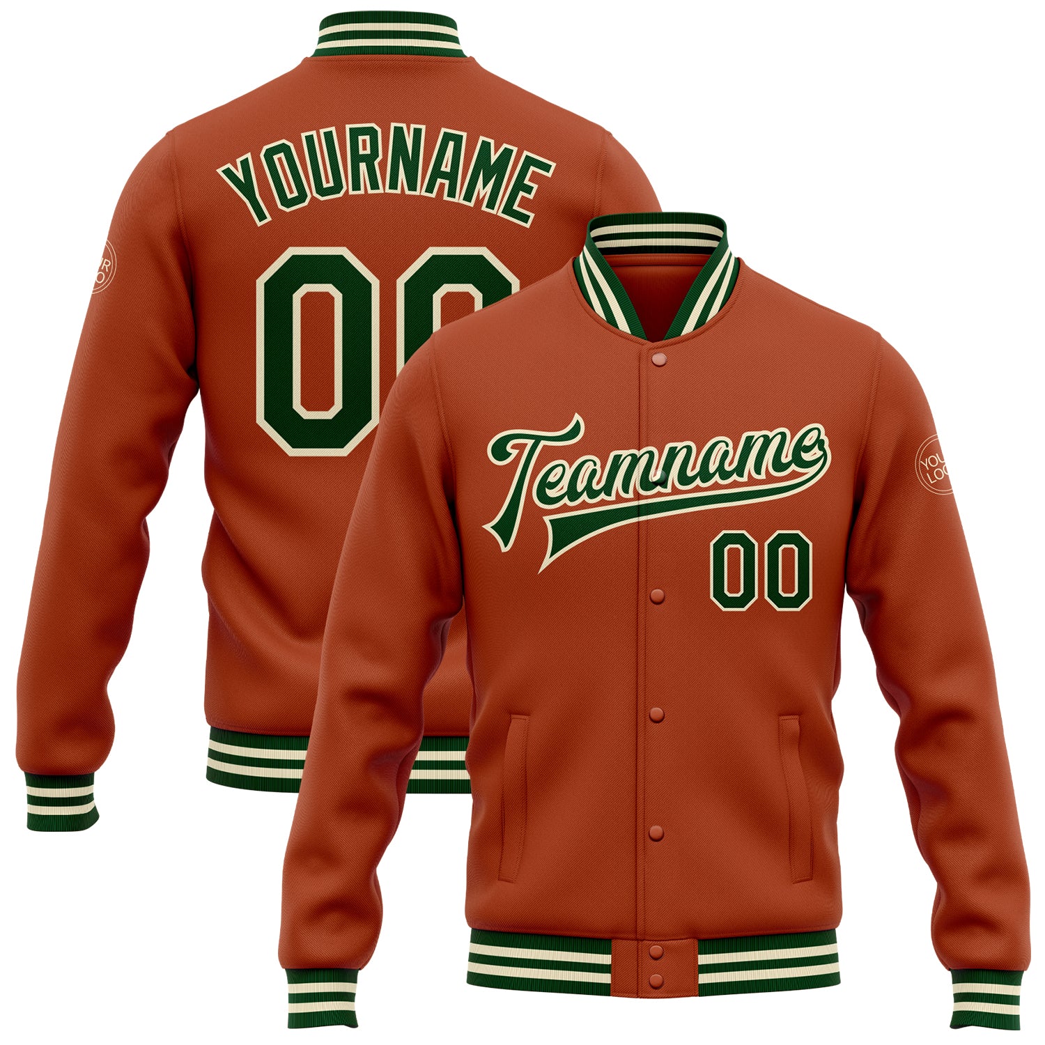 Custom Team Name and Number Varsity Letterman Jacket - Personalized Texas Orange Green-Cream Bomber Full-Snap Jacket Personalized