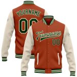 Custom Name Number Two-Tone Bomber Jacket Texas Varsity Letterman in Orange Green Cream Full-Snap Design Personalized Texas