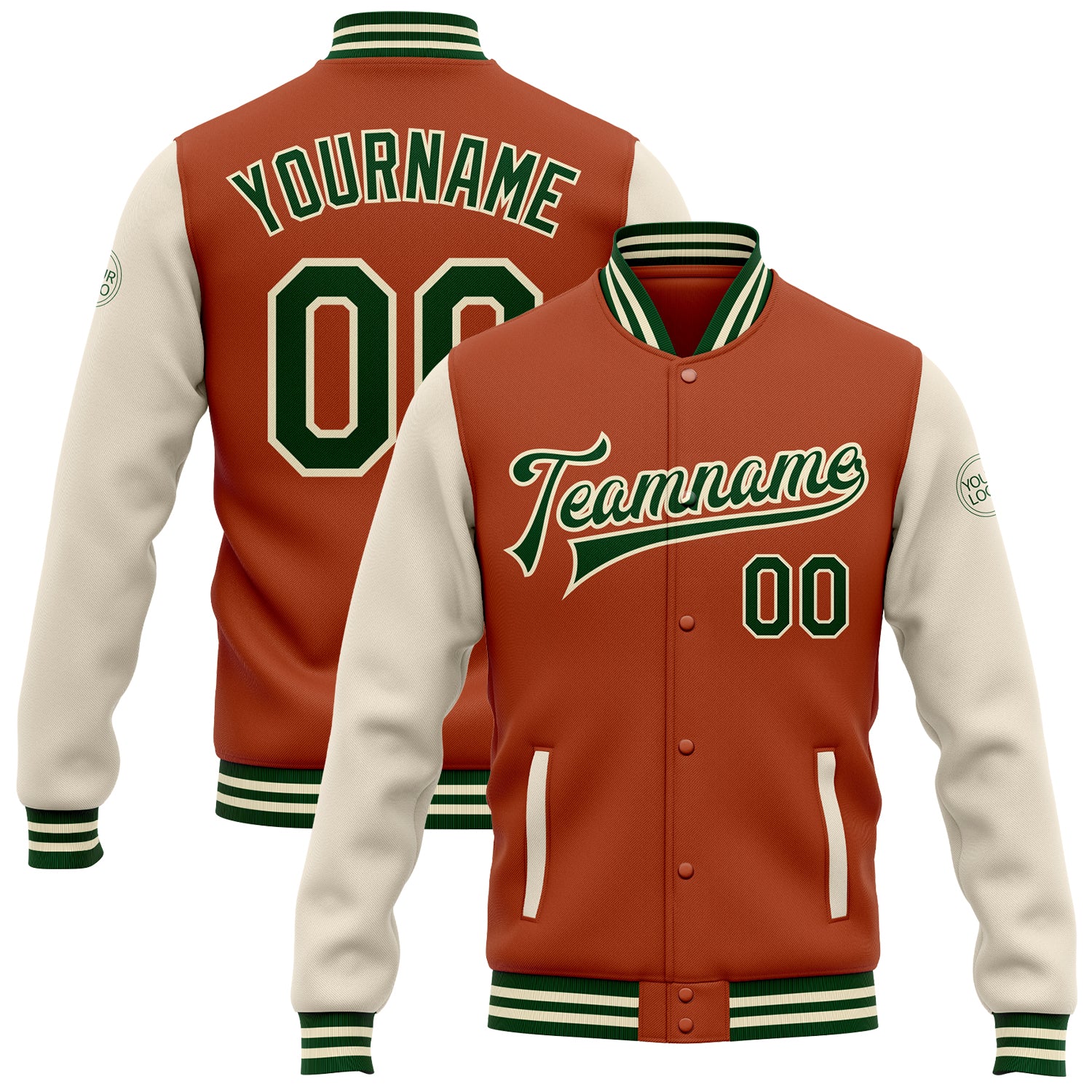 Custom Name Number Two-Tone Bomber Jacket Texas Varsity Letterman in Orange Green Cream Full-Snap Design Personalized Texas