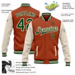 Custom Name Number Two-Tone Bomber Jacket Texas Varsity Letterman in Orange Green Cream Full-Snap Design Personalized Texas