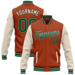 Custom Team Name and Number Texas Orange Kelly Green Bomber Varsity Letterman Jacket Full-Snap Two Tone Personalized Texas