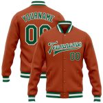 Custom Name and Number Varsity Letterman Jacket - Personalized Texas Orange Green White Bomber Full-Snap Personalized Texas