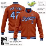 Custom Team Name Number Bomber Jacket Personalized Texas Orange Light Blue Navy Full-Snap Varsity Letterman Jacket Personalized