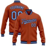 Custom Team Name Number Bomber Jacket Personalized Texas Orange Light Blue Navy Full-Snap Varsity Letterman Jacket Personalized