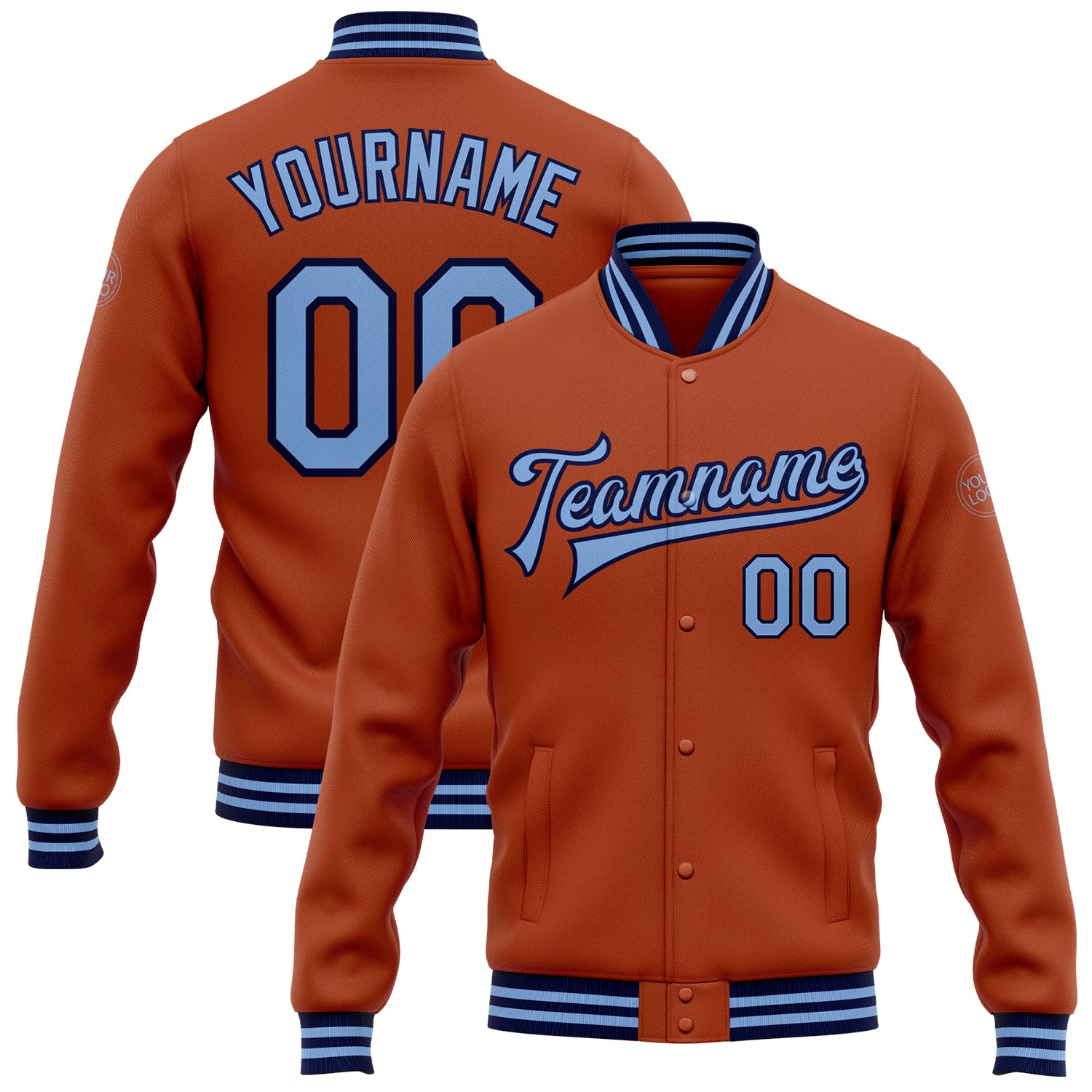 Custom Team Name Number Bomber Jacket Personalized Texas Orange Light Blue Navy Full-Snap Varsity Letterman Jacket Personalized
