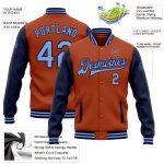 Custom Two Tone Texas Orange Light Blue-Navy Bomber Varsity Jacket with Name and Number - Full-Snap Letterman Style Personalized
