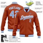 Custom Texas Orange Light Blue White Varsity Bomber Jacket with Name and Number - Personalized Full-Snap Letterman Jacket