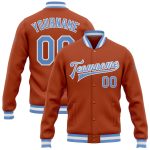 Custom Texas Orange Light Blue White Varsity Bomber Jacket with Name and Number - Personalized Full-Snap Letterman Jacket