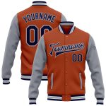Custom Name Number Two Tone Bomber Varsity Letterman Jacket Texas Orange Navy Gray Full-Snap Personalized Texas Orange Navy-Gray