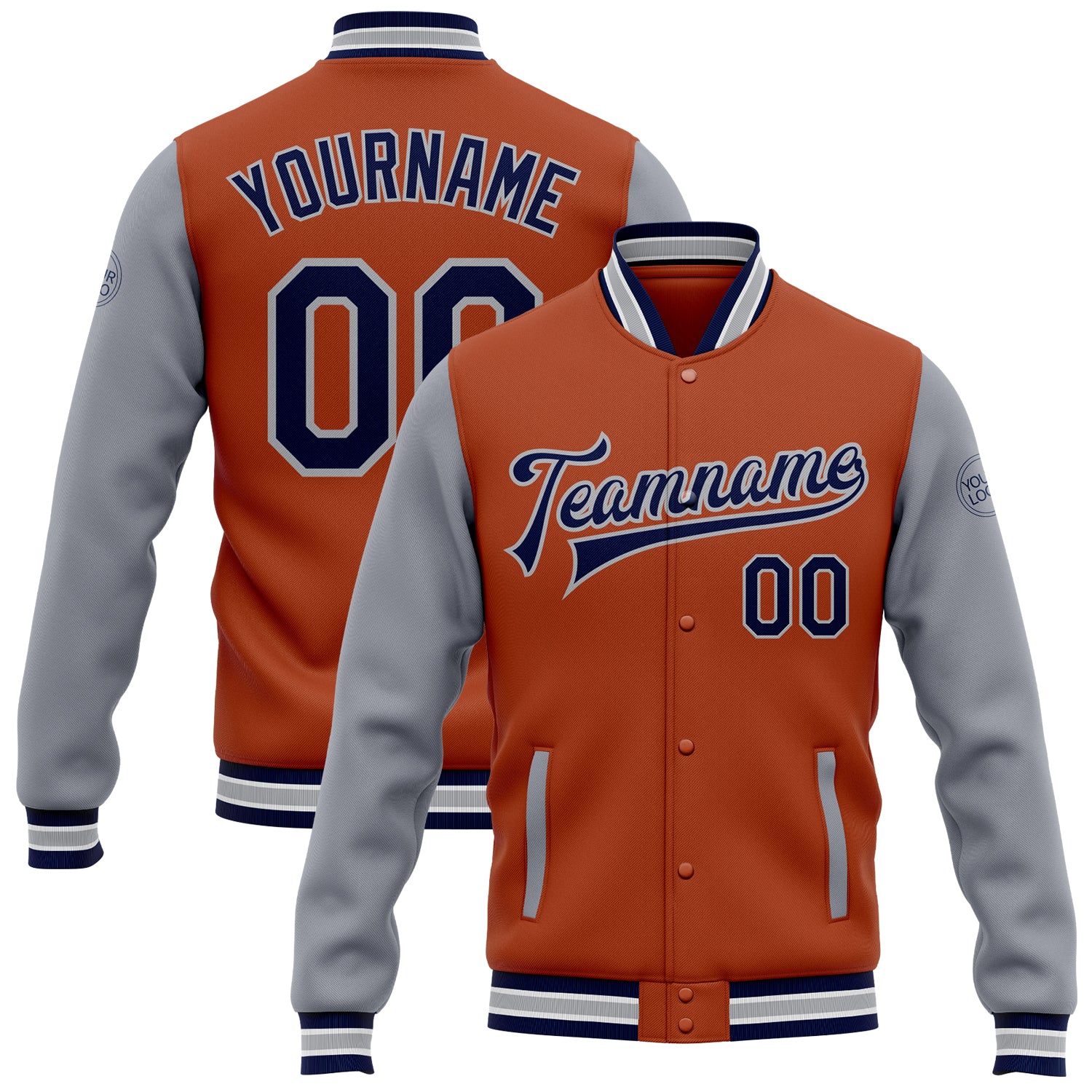 Custom Name Number Two Tone Bomber Varsity Letterman Jacket Texas Orange Navy Gray Full-Snap Personalized Texas Orange Navy-Gray