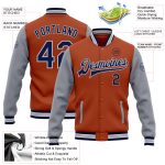 Custom Name Number Two Tone Bomber Varsity Letterman Jacket Texas Orange Navy Gray Full-Snap Personalized Texas Orange Navy-Gray