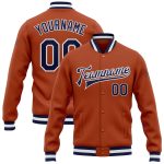 Custom Name and Number Texas Orange Navy-White Bomber Varsity Letterman Jacket Personalized Texas Orange Navy-White Bomber