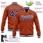 Custom Name and Number Texas Orange Navy-White Bomber Varsity Letterman Jacket Personalized Texas Orange Navy-White Bomber