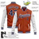 Custom Team Name and Number Two Tone Bomber Varsity Letterman Jacket - Personalized Texas Orange Navy White Full-Snap Personalized