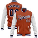 Custom Team Name and Number Two Tone Bomber Varsity Letterman Jacket - Personalized Texas Orange Navy White Full-Snap Personalized