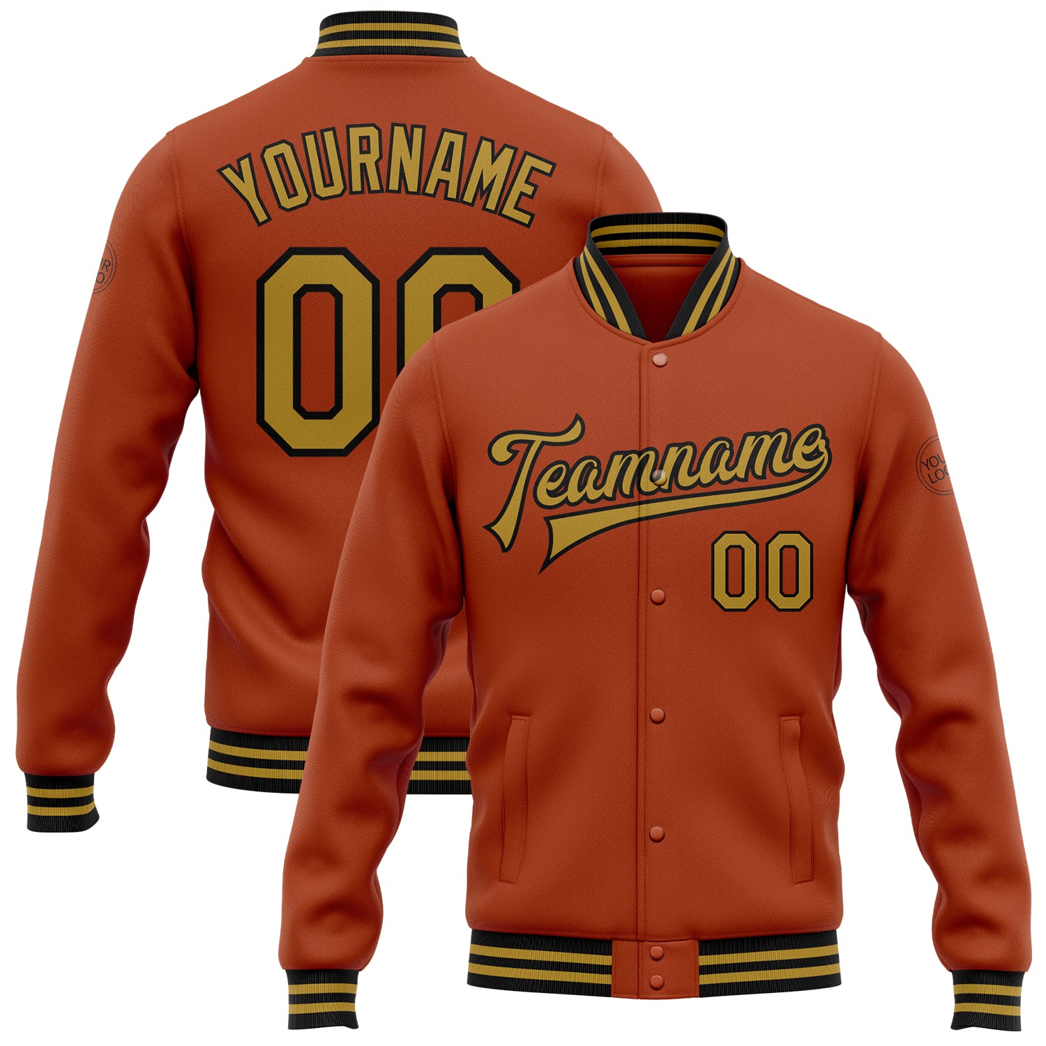 Custom Name and Number Texas Orange Black Bomber Full-Snap Varsity Letterman Jacket - Personalized Team Apparel Personalized