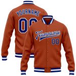 Custom Name and Number Texas Orange Royal-White Bomber Varsity Letterman Jacket - Personalized Team Apparel Personalized