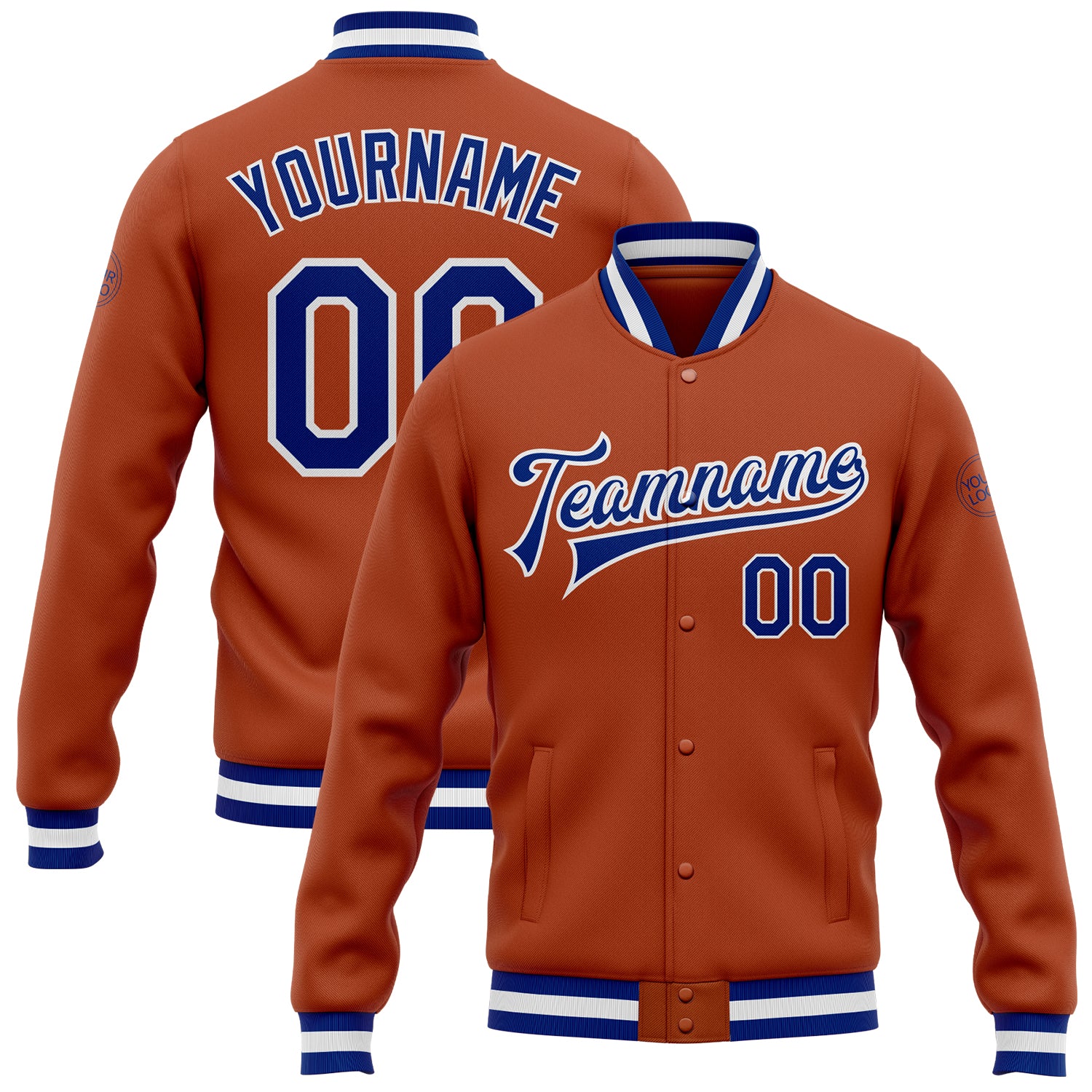 Custom Name and Number Texas Orange Royal-White Bomber Varsity Letterman Jacket - Personalized Team Apparel Personalized
