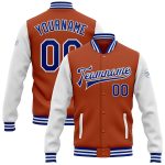 Custom Name and Number Texas Orange Royal-White Varsity Letterman Bomber Jacket Full-Snap Two Tone Personalized Texas Orange