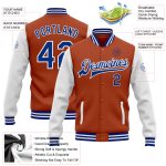 Custom Name and Number Texas Orange Royal-White Varsity Letterman Bomber Jacket Full-Snap Two Tone Personalized Texas Orange